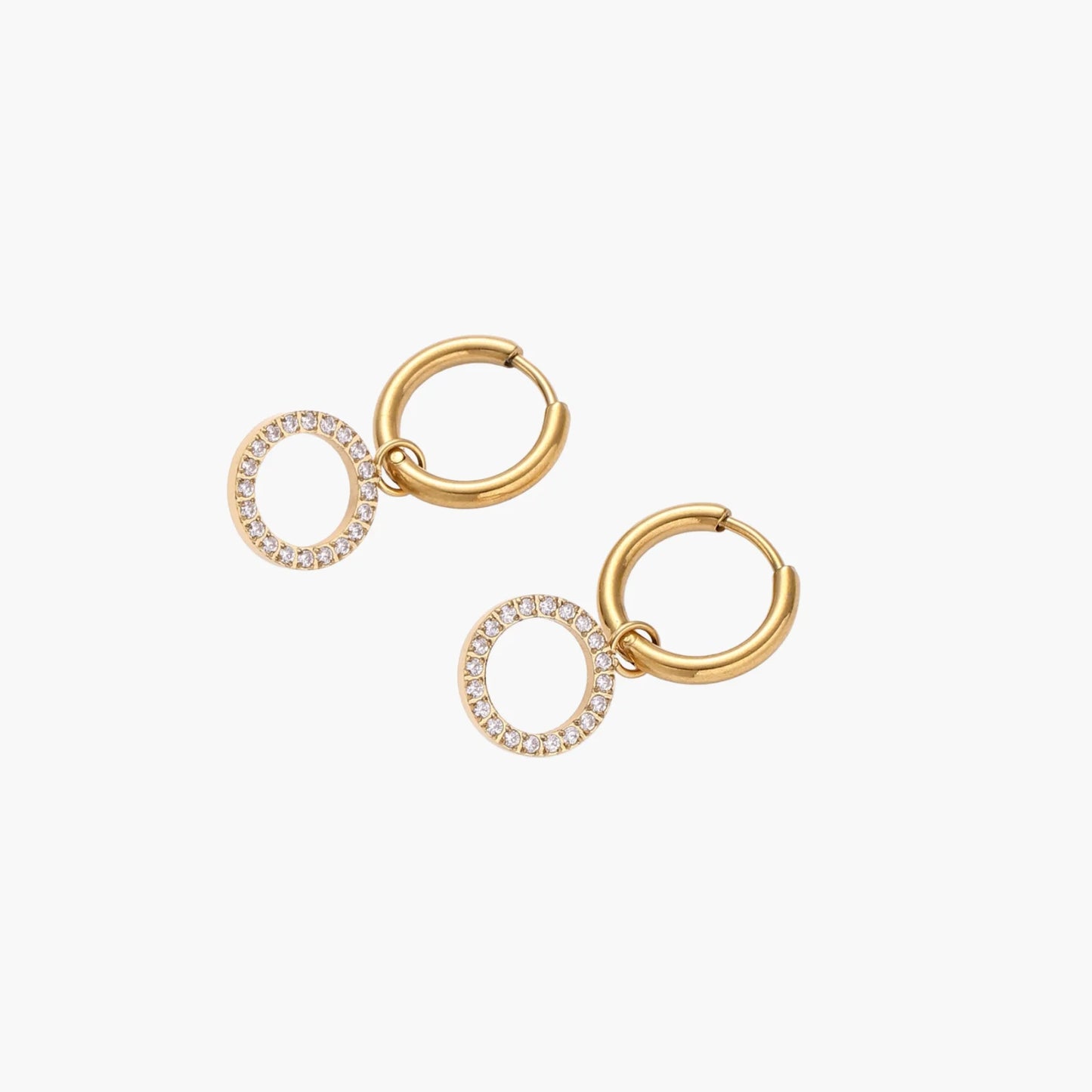 18K Gold Plate Stainless Steel Halo Circle Drop Hoop Earrings
