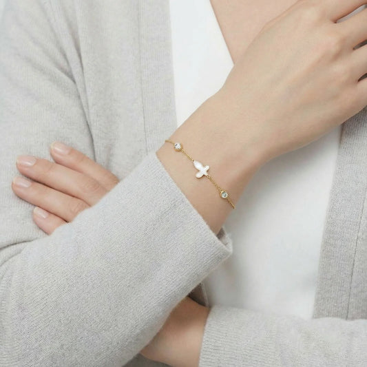 Iridescent Mother of Pearl Butterfly 18K Gold Plated Steel Cross Bracelet
