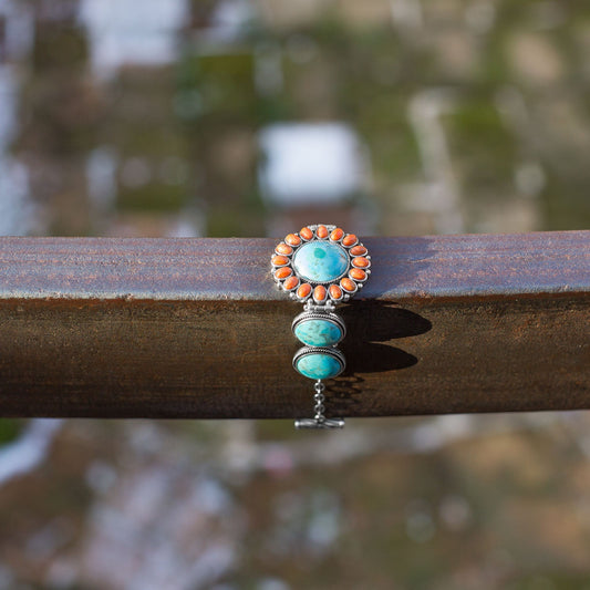 7.5" Southwest Turquoise and Coral Sunburst Toggle Bracelet