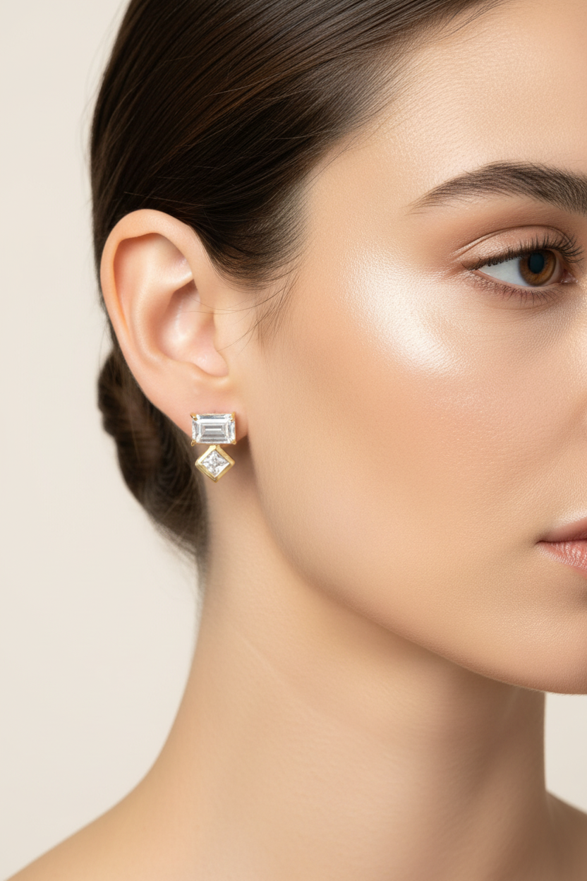14 Karat Gold Plated Baguette and Square CZ Earrings