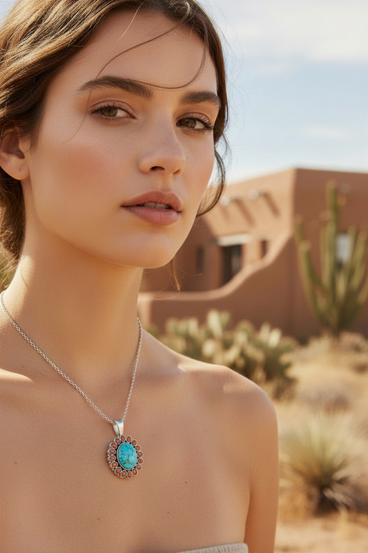 Turquoise and Coral Sunburst on a Sterling Silver Pendant