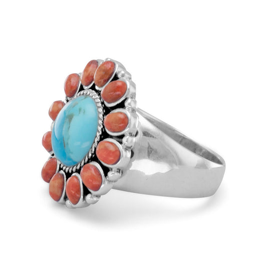 Sterling Silver, Turquoise and Coral Gemstone Southwest Ring