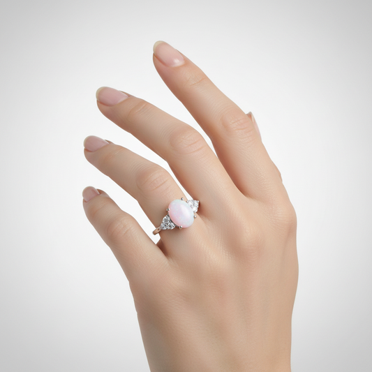 Rhodium Plated Australian Opal and White Topaz Ring