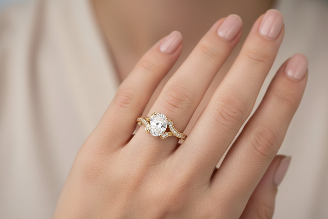 14 Karat Gold Plated Solitaire Oval Ring with CZ Band