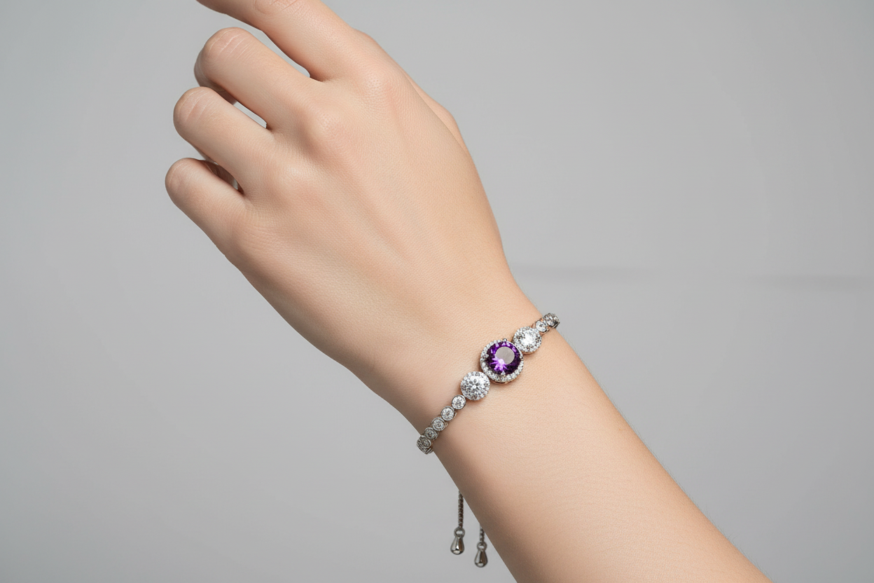 Adjustable Silver Plated Graduated Purple & Clear CZ Bolo Style Tennis Bracelet