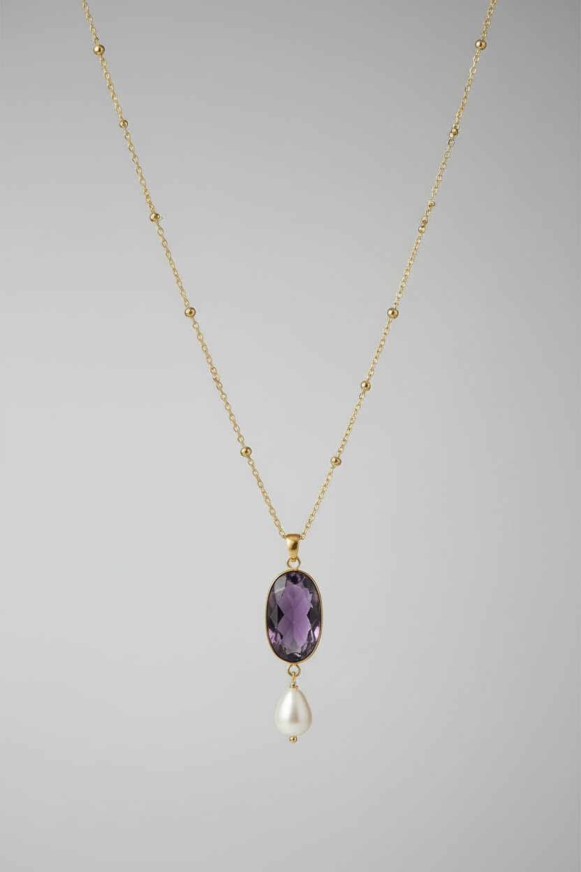 16" + 2" 14 Karat Gold Plated Amethyst and Pearl Necklace