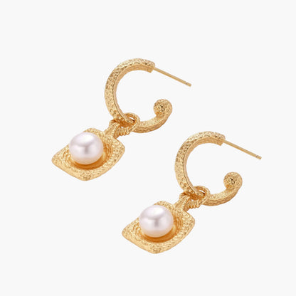 Golden Pearl Drop Hoops