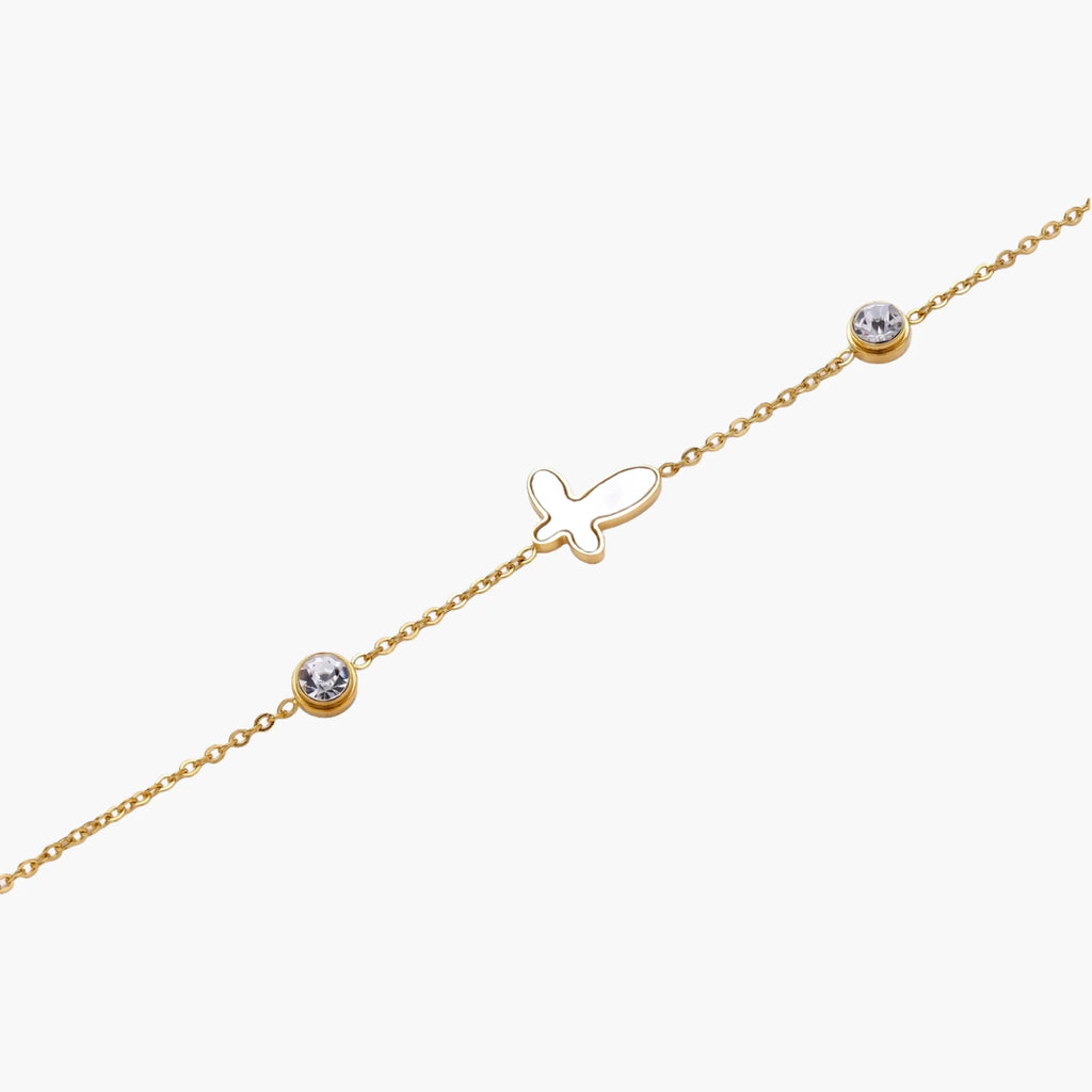 Iridescent Mother of Pearl  Butterfly 18K Gold Plated Steel Cross Bracelet