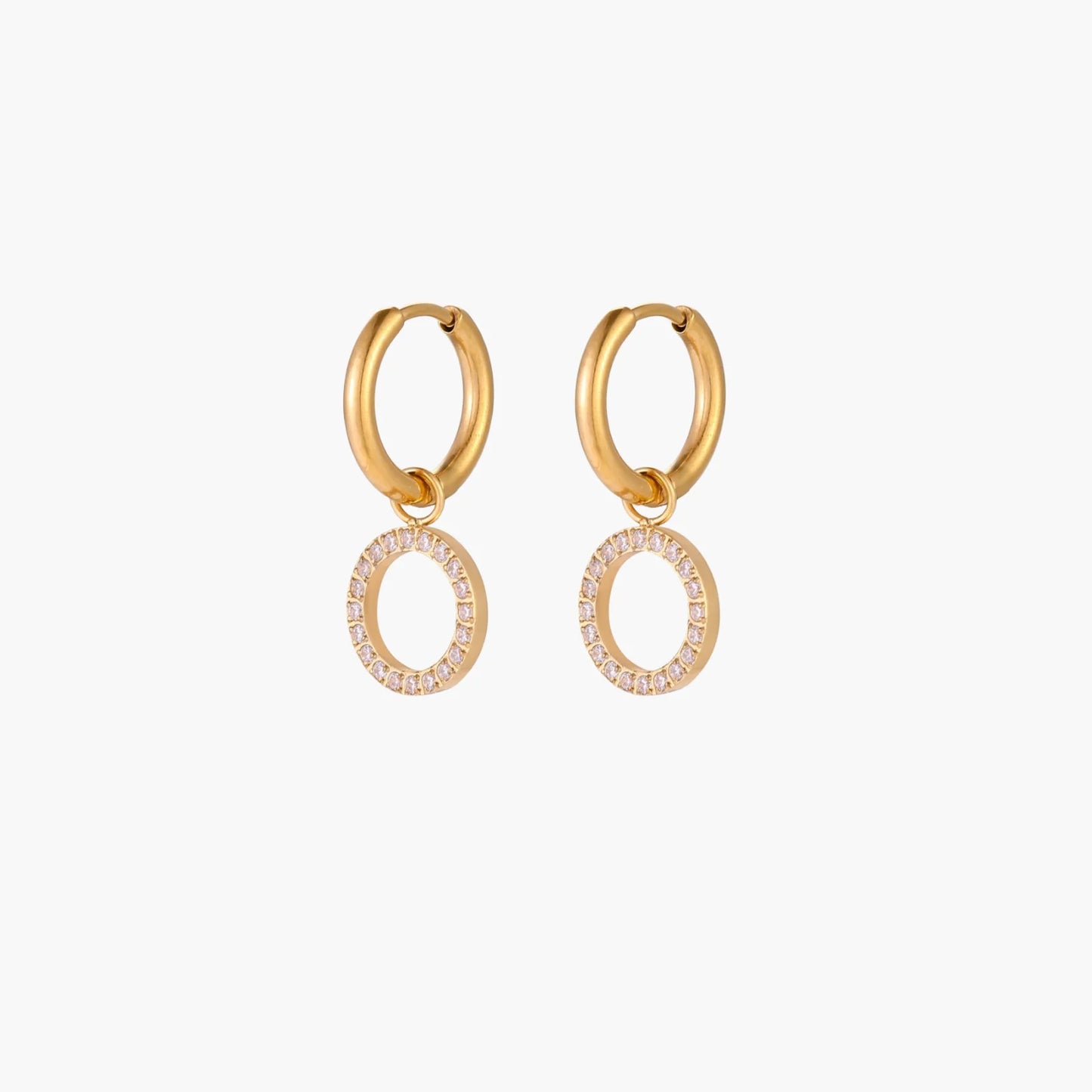 18K Gold Plate Stainless Steel Halo Circle Drop Hoop Earrings