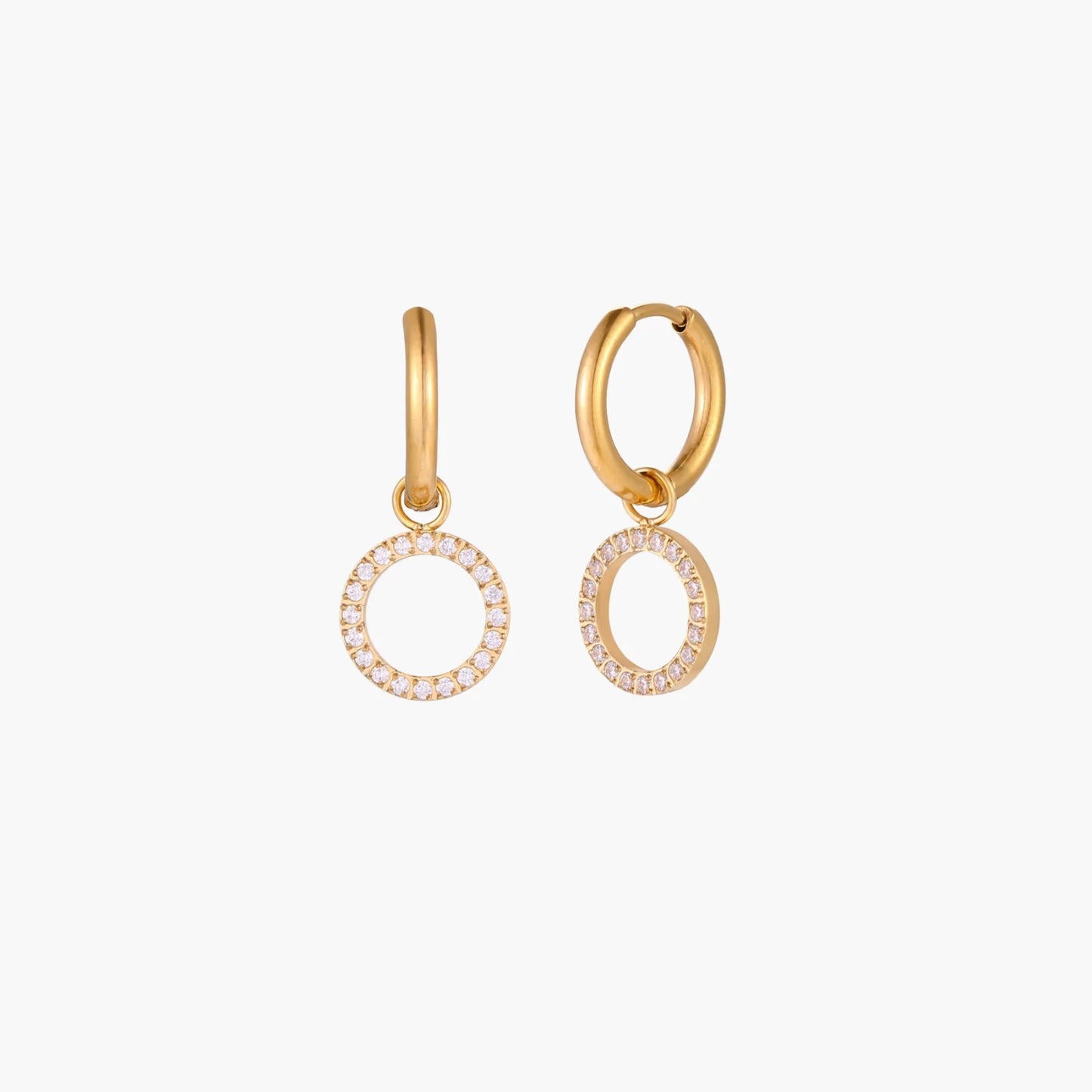 18K Gold Plate Stainless Steel Halo Circle Drop Hoop Earrings