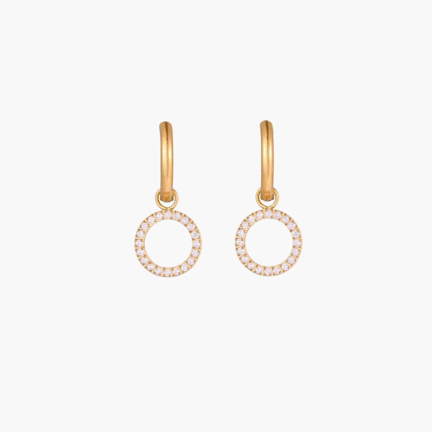 18K Gold Plate Stainless Steel Halo Circle Drop Hoop Earrings
