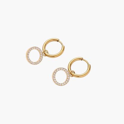 18K Gold Plate Stainless Steel Halo Circle Drop Hoop Earrings
