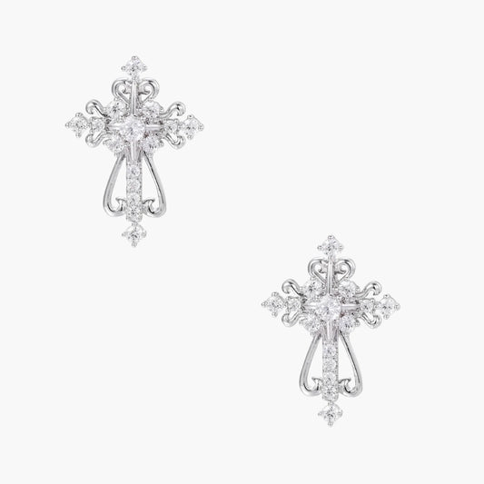 Divine Grace Baroque White Gold Cross Earrings