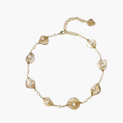 Golden 14K Leaf Freshwater Pearl Necklace