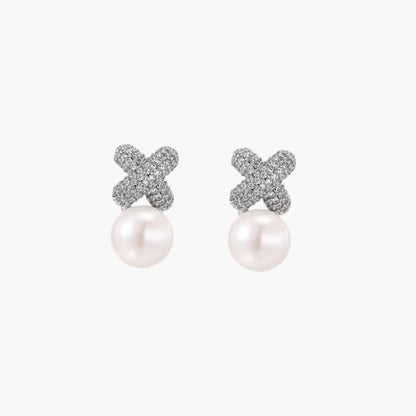 Crystal Pave and  Freshwater Pearl XO  Studs