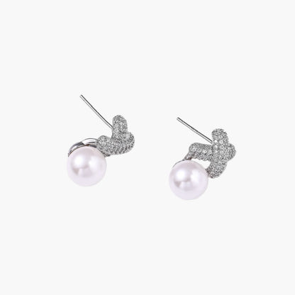 Crystal Pave and  Freshwater Pearl XO  Studs
