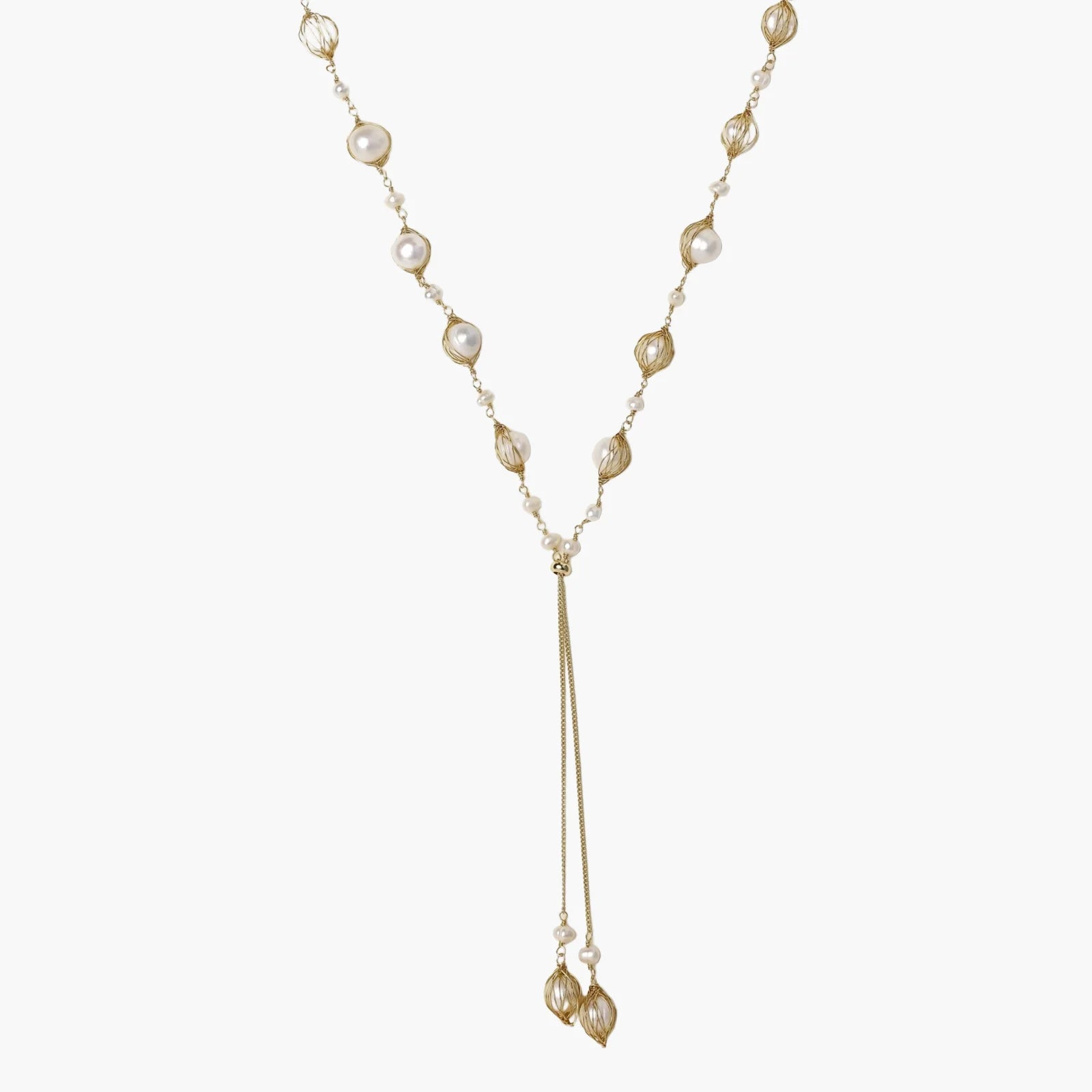 Golden Freshwater Pearl and 14K Gold Plated Lariat Drop Necklace
