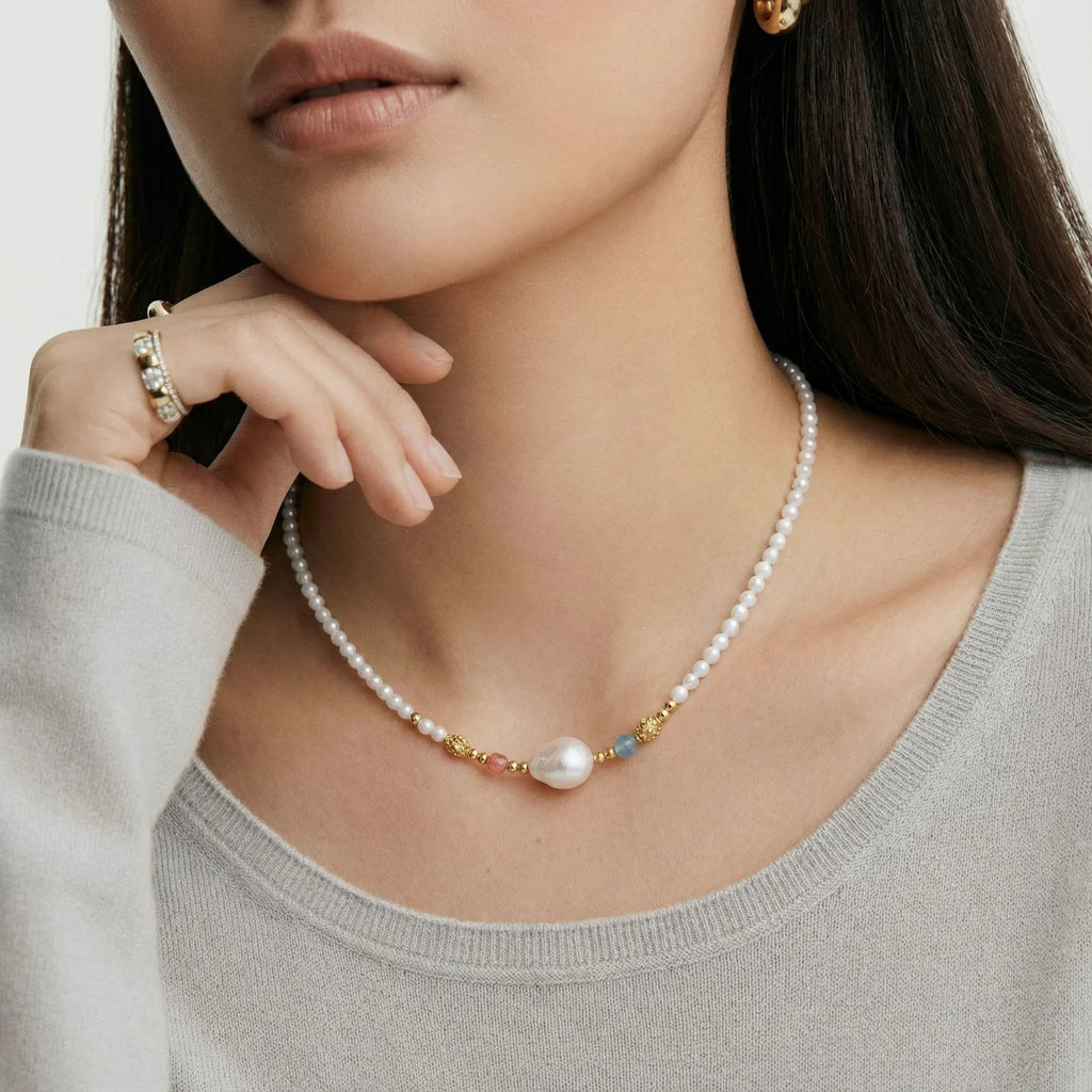 Freshwater Pearl Baroque Beaded Emerald | Coral 18 K Gold Vermeil Necklace