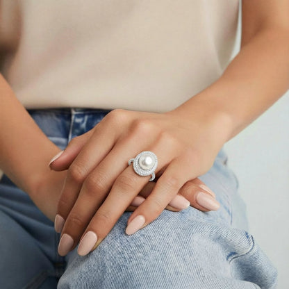 Luminous Freshwater Pearl  and 925e Sterling Silver Constellation Ring