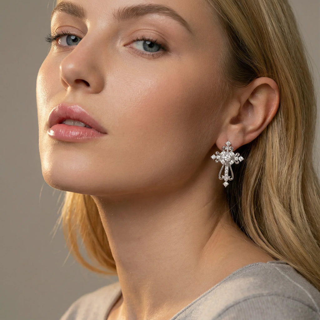 Divine Grace Baroque White Gold Cross Earrings