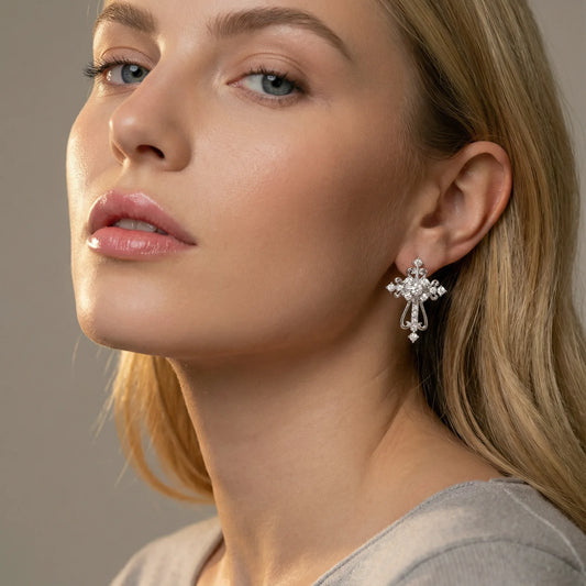 Divine Grace Baroque White Gold Cross Earrings
