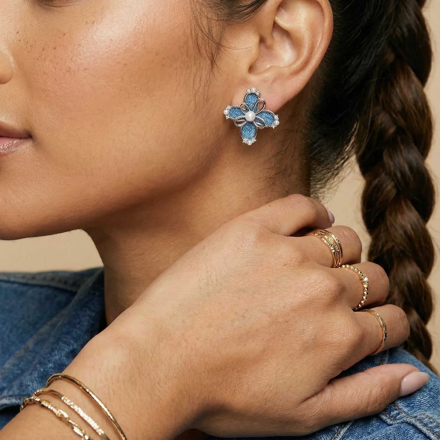 Denim White Gold Accent Cross Studs