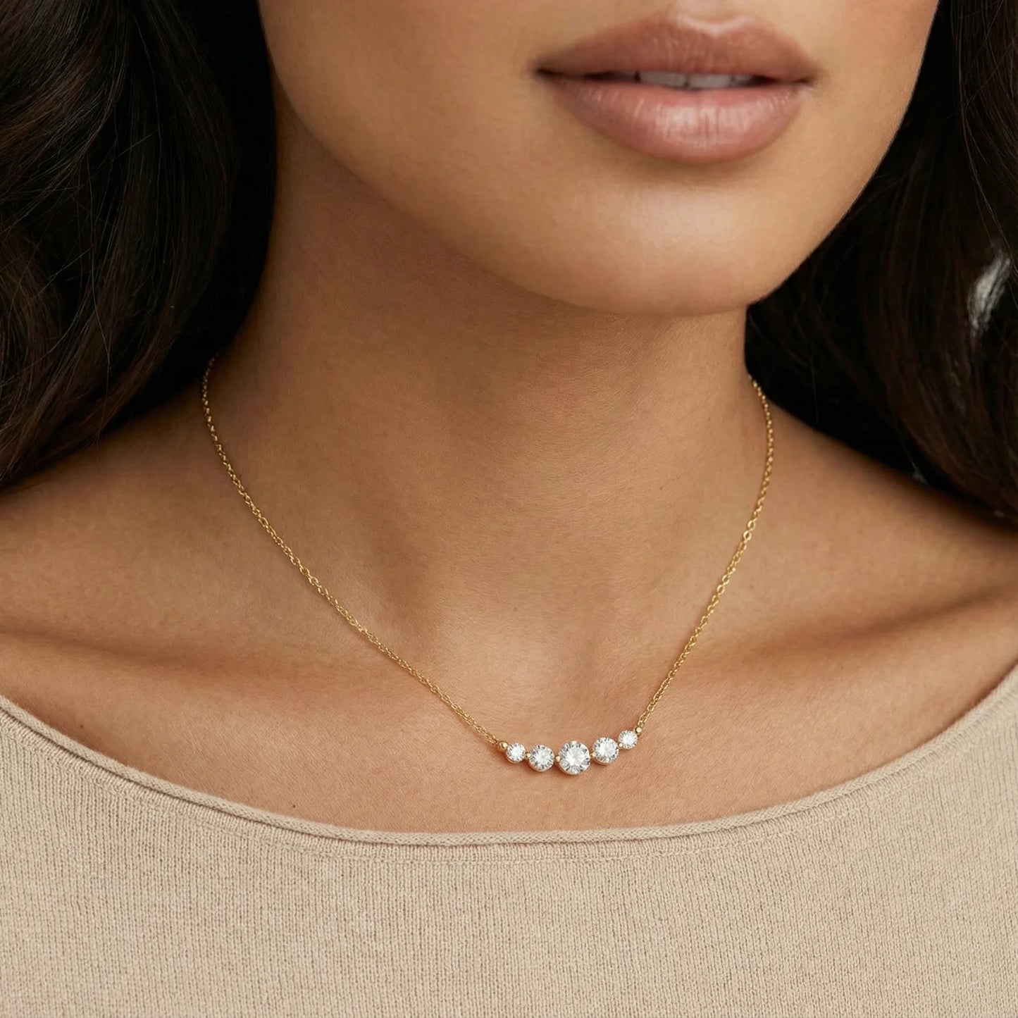 Graduated CZ Five Stone 14K Golden Arc Necklace