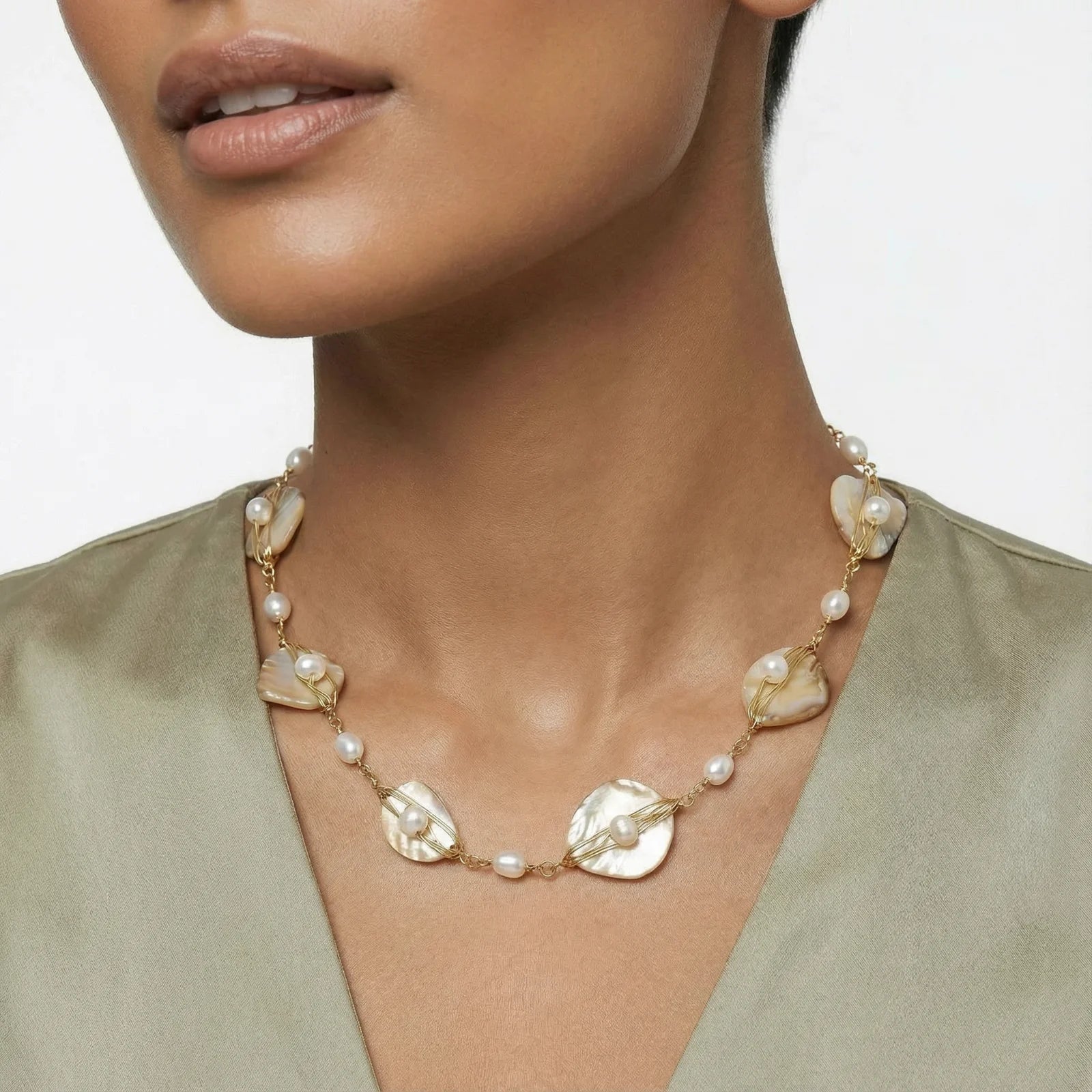 Golden 14K Leaf Freshwater Pearl Necklace