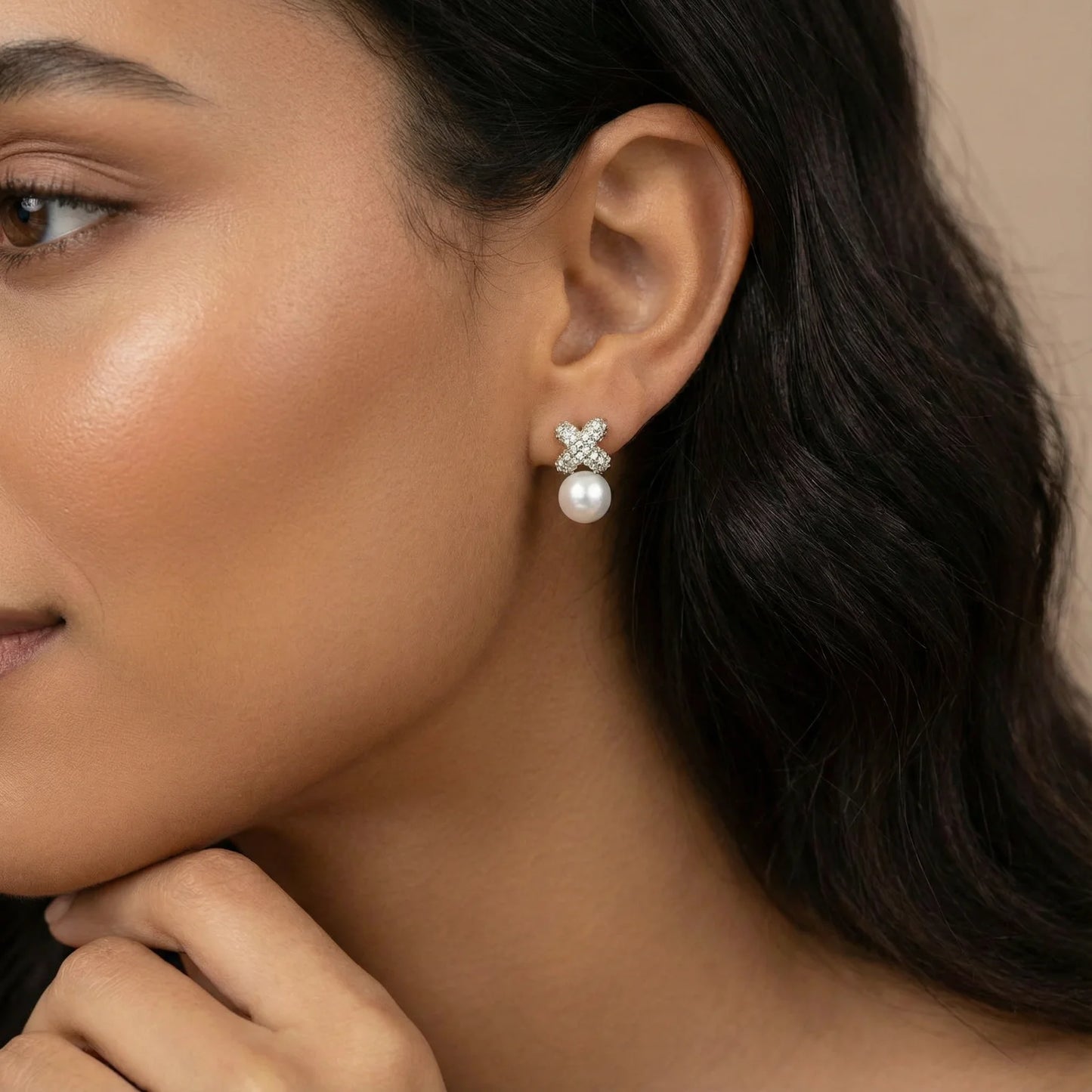 Crystal Pave and  Freshwater Pearl XO  Studs
