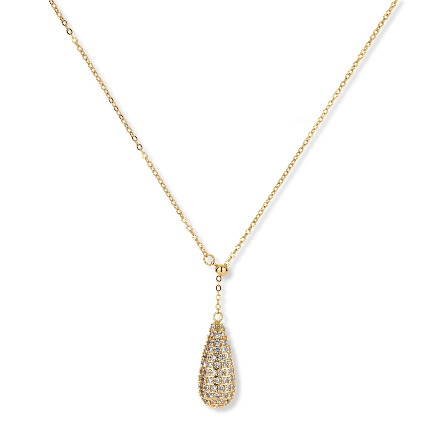 Gold-plated teardrop necklace and earrings covered in AAA cubic zirconia crystals on cream background.
