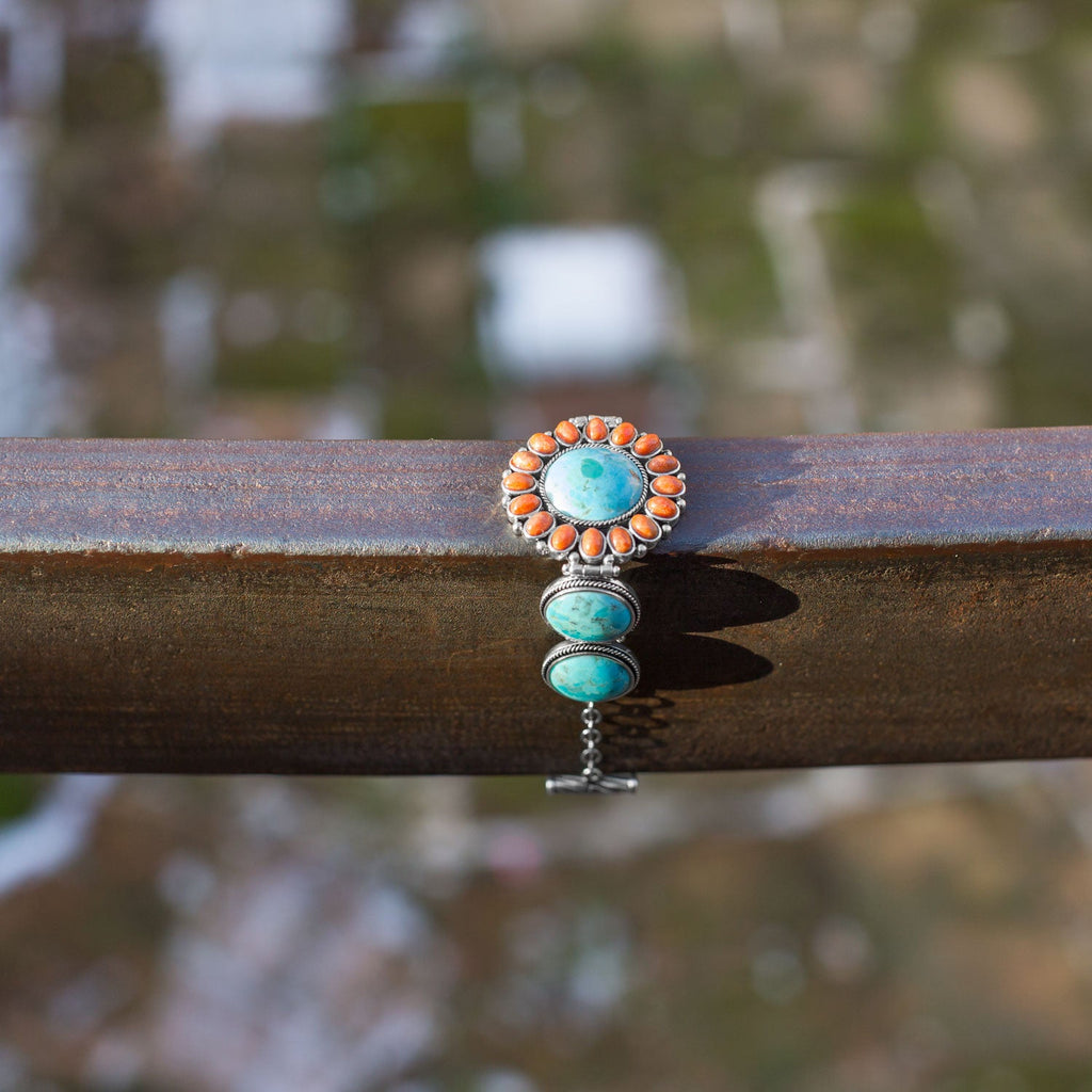 7.5" Southwest Turquoise and Coral Sunburst Toggle Bracelet