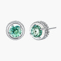 Round green moissanite stud earrings in sterling silver halo settings with brilliant sparkle on white background.