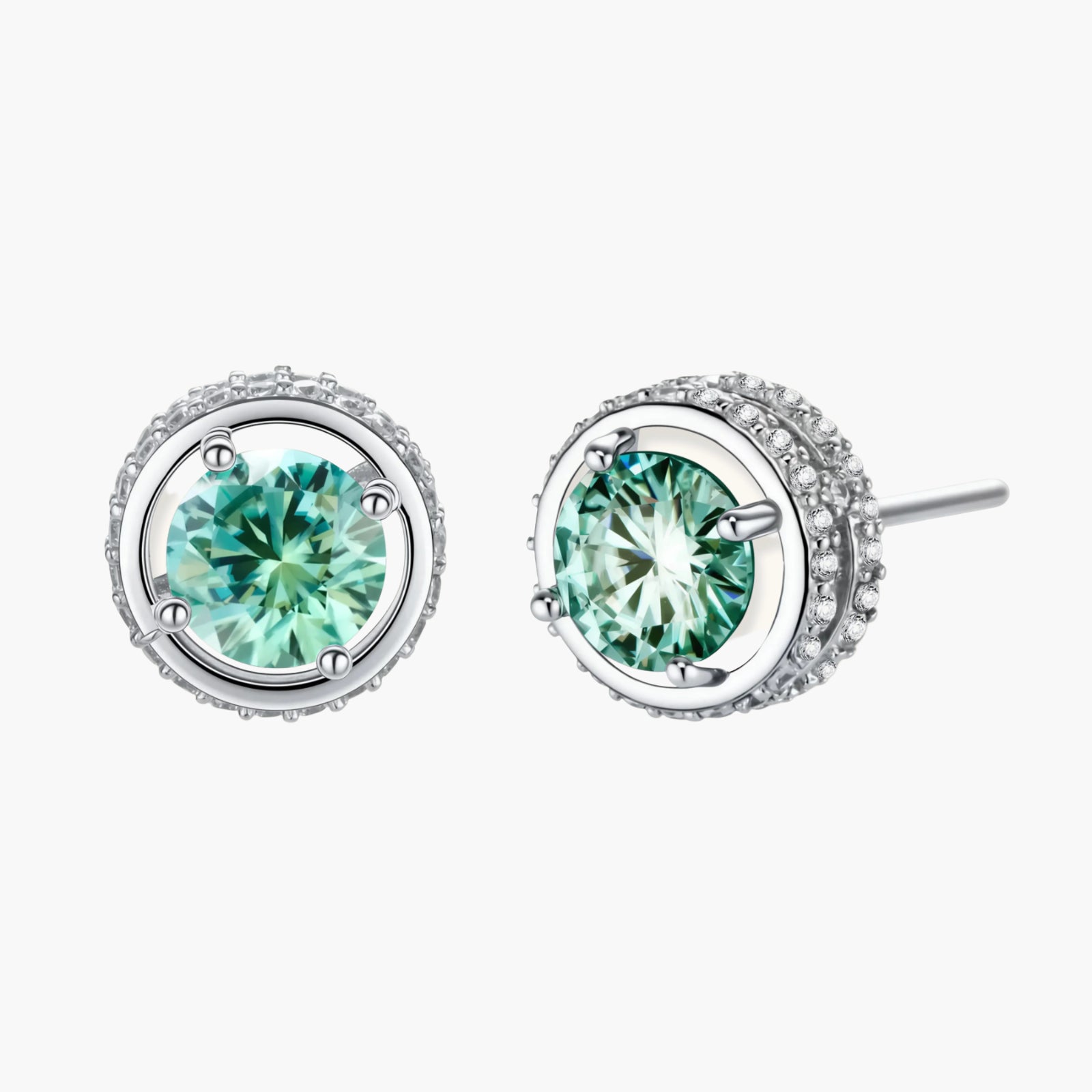Round green moissanite stud earrings in sterling silver halo settings with brilliant sparkle on white background.