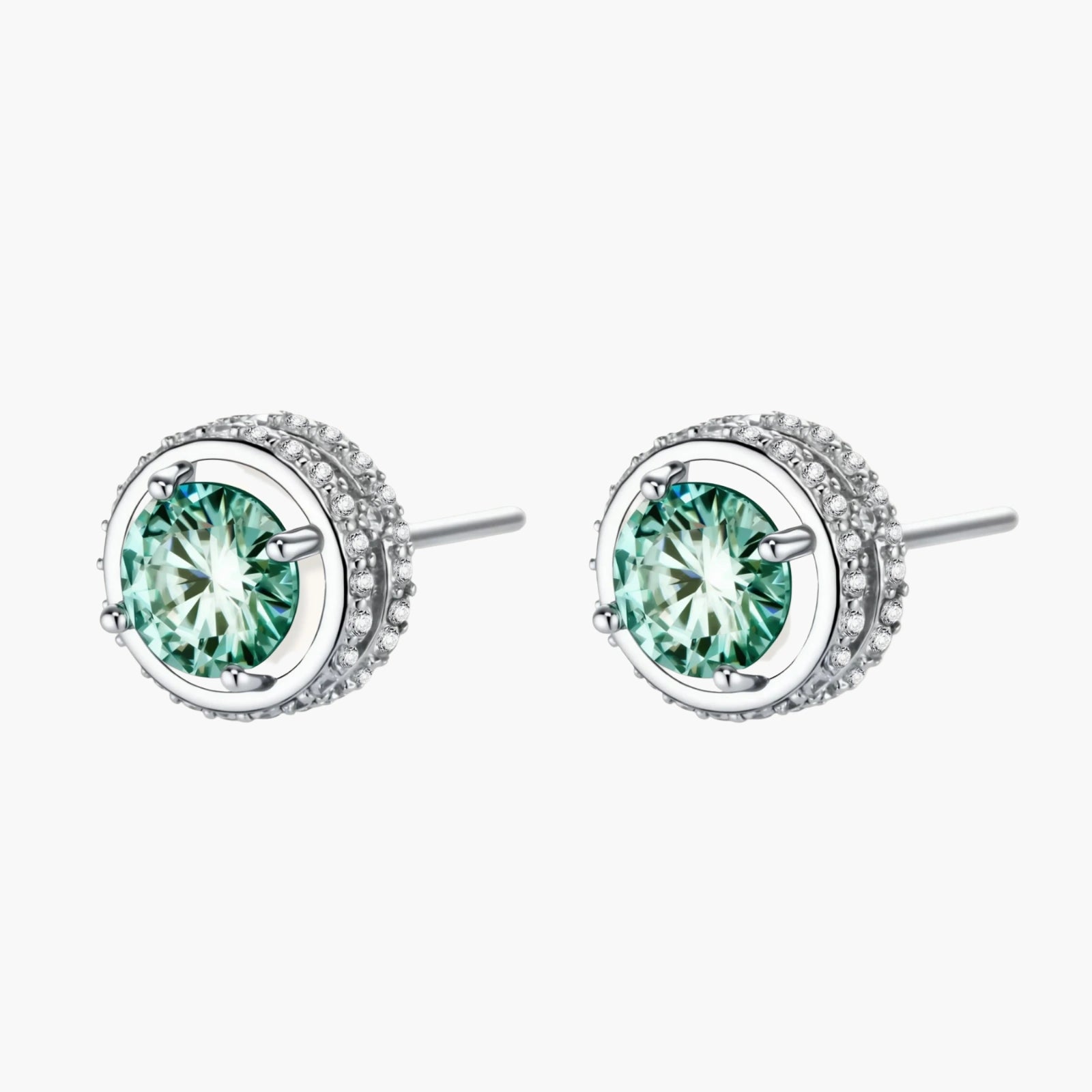 Round green moissanite stud earrings in sterling silver halo settings with brilliant sparkle on white background.