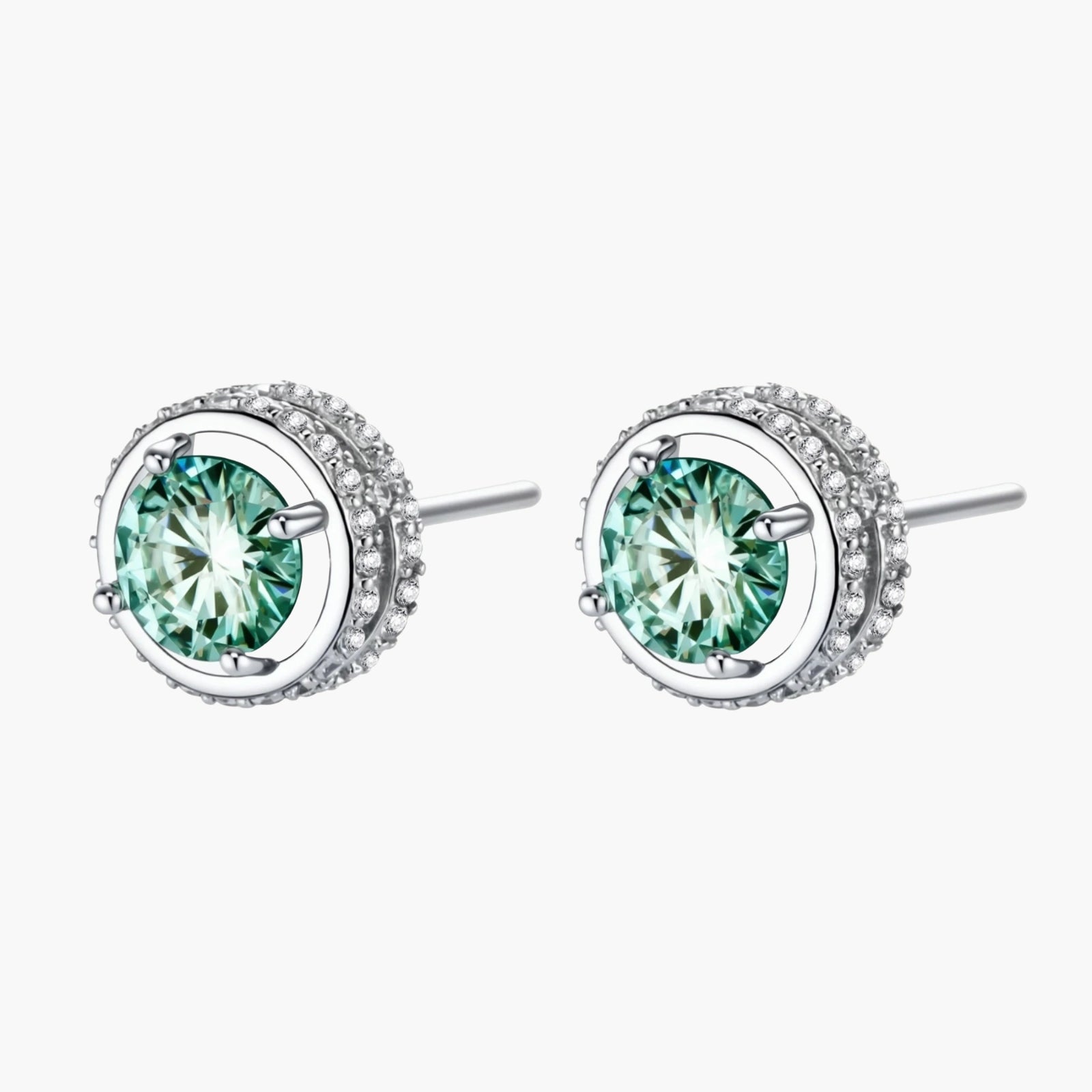 Round green moissanite stud earrings in sterling silver halo settings with brilliant sparkle on white background.