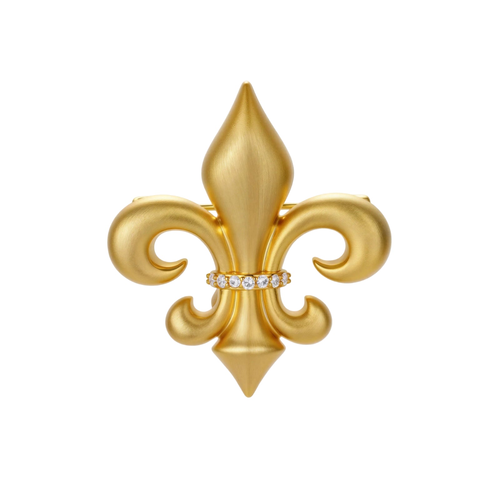 Ornate gold-plated fleur-de-lis brooch with crystal band detail on white background, showing brushed metal finish.