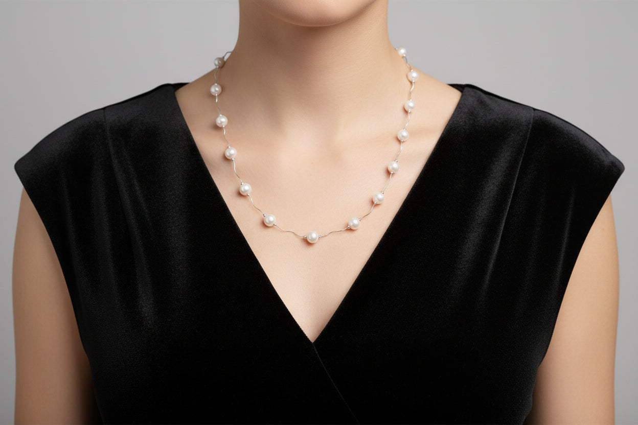 16"+2" Extension Wave Design Necklace with Cultured Freshwater Pearls
