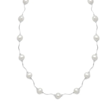 16"+2" Extension Wave Design Necklace with Cultured Freshwater Pearls