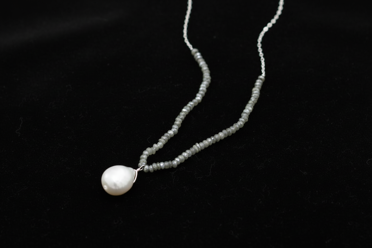 16"+2" Labradorite and Baroque Style Freshwater Pearl Drop Necklace
