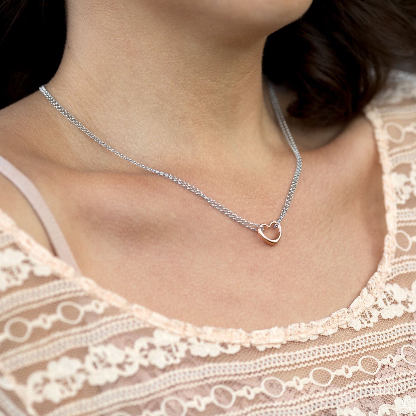 Two Tone Double Strand Sterling Silver Open Heart Necklace Made in Italy