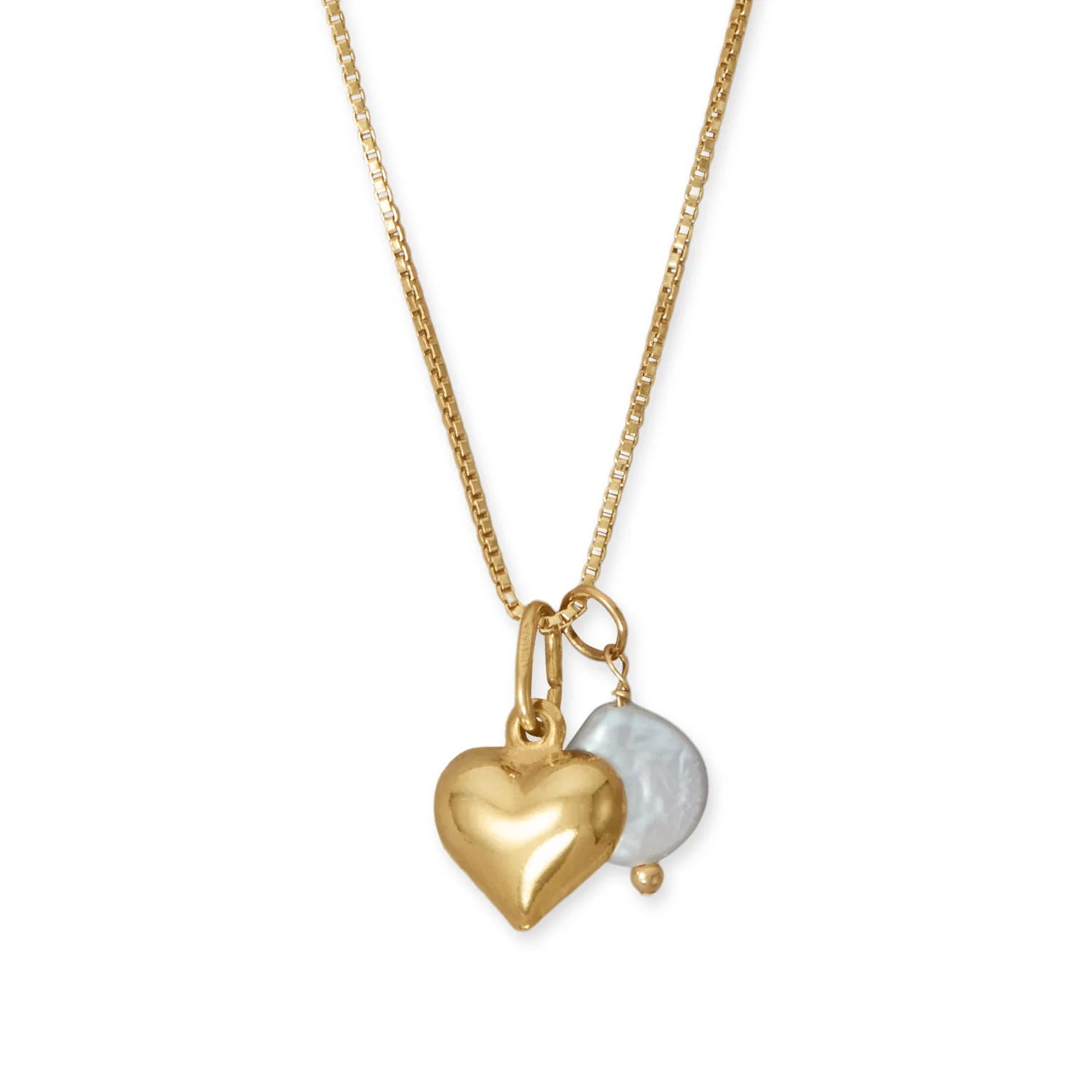 18" 14 Karat Gold Plated Sterling Silver Puffy Heart and Cultured Freshwater Coin Pearl Necklace
