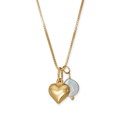 18" 14 Karat Gold Plated Sterling Silver Puffy Heart and Cultured Freshwater Coin Pearl Necklace