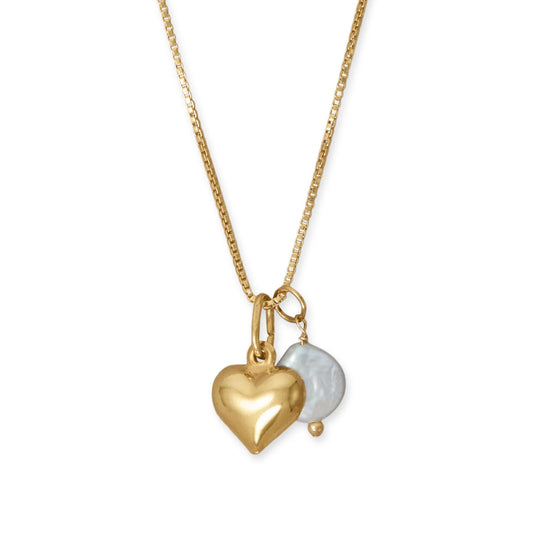 18" 14 Karat Gold Plated Sterling Silver Puffy Heart and Cultured Freshwater Coin Pearl Necklace