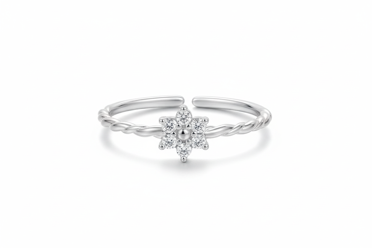 925 Sterling Silver Zircon Flower Open Ring