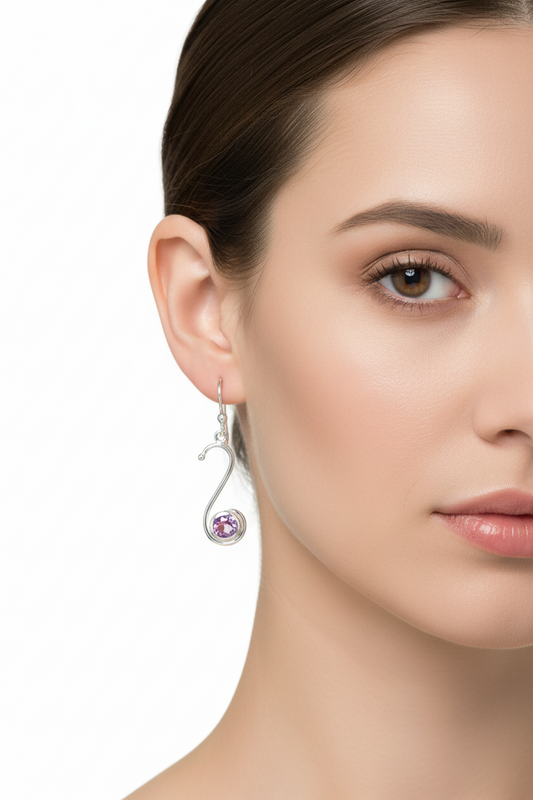 S Design Genuine Sterling Silver and Amethyst Earrings