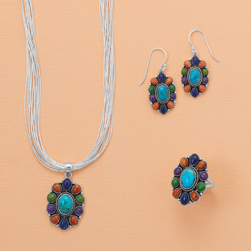 Oxidized Oval Multi Stone Flower Earrings