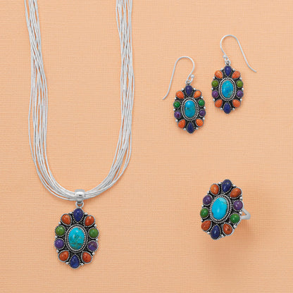 Oxidized Oval Multi Stone Flower Earrings