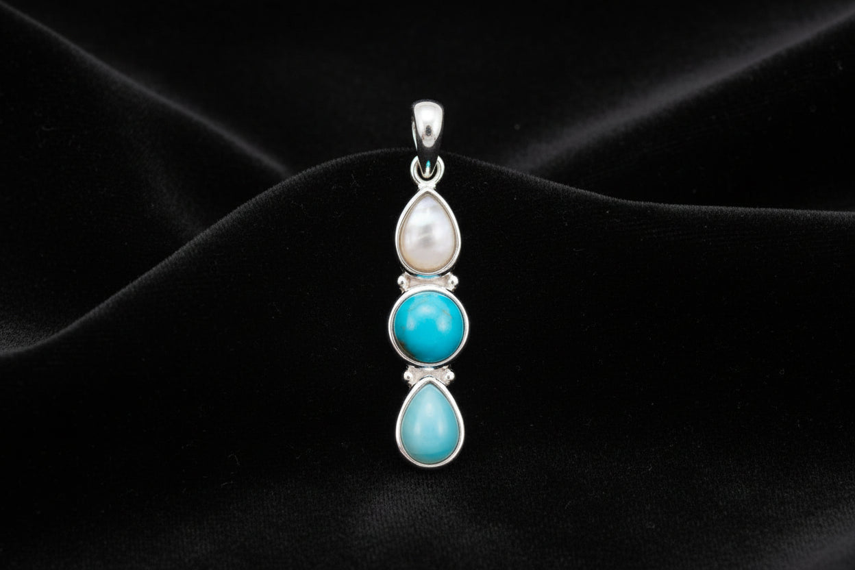 Rainbow Moonstone, Turquoise and Larimar Drop Pendant
