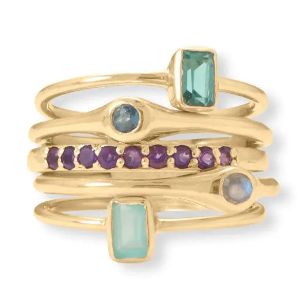 Life in Color!  14 Karat Gold and Gemstones Five Stacking Ring Set