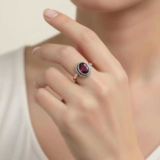 Faceted Garnet Ring with Rope Edge